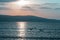 Calm serene view of sunrise, seagulls and sunlight reflection on blue sea. Dawn over sea and mountain. Minimal landscape