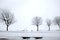 Calm sky, four bare trees surrounded by field of melting snow, black, gray, blue bitter cold sky