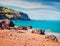 Calm spring view of Avali Beach. Adorable morning seascape of Ionian sea
