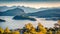 Calm spring view of Ksamil town. Aerial morning seascape if Ionian sea