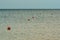 Calm water surface on which orange buoys fly