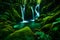 A calm waterfall in a dense, green forest.