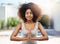 Calm woman, yoga and relax in meditation for zen, spiritual wellness or healthy exercise outdoors. African person in