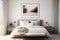 Calming bedroom with a picture frame hanging up. interior with Scandinavian design furniture and accessories. Generative