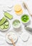 Calming cucumber yogurt mask. Ingredients for homemade cucumber face mask-cucumber, natural yogurt, probiotic capsule, sponges, br