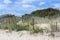 Calming scene of bright blue skies over sandy beach and weathered fencing