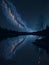A calming scene by a quiet lakeside, where the reflection of shimmering stars on the water\\\'s surface
