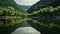 Calming Symmetry: Woods Surrounded By Water At The Edge Of A Mountain