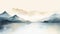 Calming Watercolor Landscape: Mountains, Reflection, And Serene Symmetry