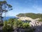 Calo den Monjo sea inlet and cove, cliffs and pine tree forest of the Mallorca coast, Balearic island, Spain