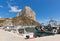 Calp Spain marina with boats and famous rock landmark