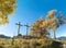 Calvary hill with three crosses, crucifixion scene in autumnal landscape, Fischbachau