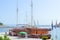 Calypso board waiting for tourists in wharf in Makarska, Croatia on June 9, 2019.