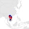 Cambodia Location Map on map Asia. 3d Cambodia flag map marker location pin. High quality map  Kingdom of Cambodia. Southeast Asia