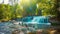 Cambodia, Siem Reap. Waterfall on the river and the ruins of a wooden bridge