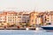 CAMBRILS, SPAIN - SEPTEMBER 16, 2017: View of port and museu d`Hist`ria de Cambrils - Torre del Port. Copy space for text