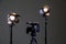 Camcorder and 2 spotlights with Fresnel lenses in the interior. Shooting an interview