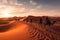 Camel caravan in desert sand dunes