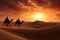 Camel caravan in the desert at sunset. 3d illustration, Camel caravan on sand dunes on Arabian desert with Dubai skyline at sunset