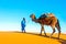 Camel caravan going through the sand dunes in the Sahara Desert. Morocco Africa. Beautiful sand dunes in the Sahara desert.