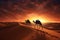 Camel caravan in the Sahara desert at sunset, 3d render, Camel caravan on sand dunes on Arabian desert with Dubai skyline at