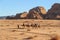 Camel caravan with tourists goes through the Wadi Rum desert in Jordan