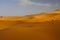 Camel caravan with tourists riding sand dunes