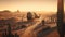 Camel carriage in the desert at sunset. Generative AI