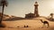 camel in the desert A fantasy lighthouse in a desert oasis, with sand, palms, and camels. The lighthouse is made of clay