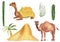 Camel in the desert, palm tree, dunes, cacti watercolor set