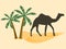 Camel in the desert, palm trees. Vector illustration.