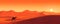 Camel in the desert at sunset, panoramic view, illustration generated by AI