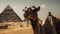 Camel in front of pyramids. Travel Concept. Background with a copy space.