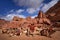 Camel in Petra, Jordan. Big animals red stone rock. Treasury Al-Khazneh, stone rock historic sight in Petra. Camel travel Jordan,