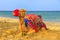 Camel relaxing on beach