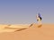 A camel rider in the desert has a sky background