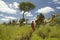 Camel safari with Masai warriors leading camels through green grasslands of Lewa Wildlife Conservancy, North Kenya, Africa