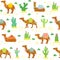 Camel seamless pattern. Cute cartoon desert camels among cactuses. Egyptian ethnic vector wallpaper texture