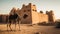 A camel stands in front of a castle in the desert of Morocco