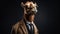 Camel in a suit against a black background. Generative AI