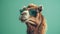 Camel Wearing Sunglasses Over Teal Background for Quirky Concept
