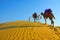 Cameleers with camels walking on golden sand dunes