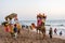 camels with colorful garlands, palanquins and funny hats with tourists in the background