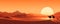 Camels in the desert at sunset, panoramic view, illustration generated by AI