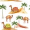 Camels in desert watercolor seamless pattern