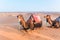 Camels with saddle on the back lying on a sand dune in the Sahara desert, Merzouga, Morocco.