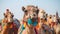 Camels with traditional dresses close up. Generative AI