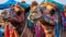 Camels with traditional dresses close up. Generative AI.