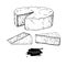 Camembert cheese block and triangle drawing. Vector hand drawn food sketch.