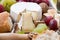 Camembert, grapes and fresh baguette, close-up